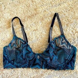 Savage X Fenty Bra Unlined Sheer Underwired Lace Teal Star Wide Back: 36C